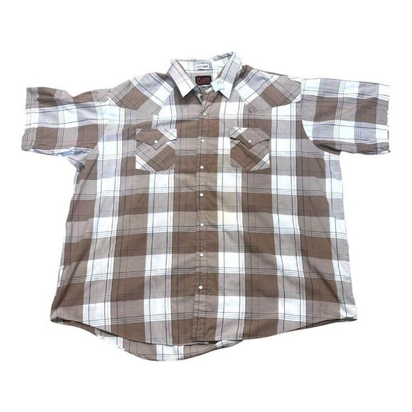 Plains Western Wear Big Man Plaid Button-Up Shirt 3X Brown & White Short Sleeve - Picture 1 of 5
